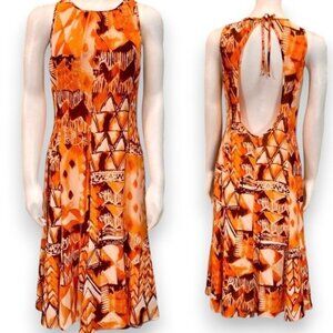 Escada Silk Dress Orange Graphic Print Tiki Vintage Y2K Open Back Size 40